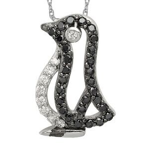 925 Sterling Silver Black White Cubic Zirconia CZ Penguin Pendant Necklace Charm